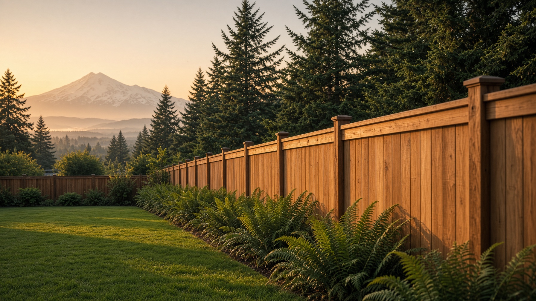 Western red cedar privacy fence at golden hour in Whatcom County