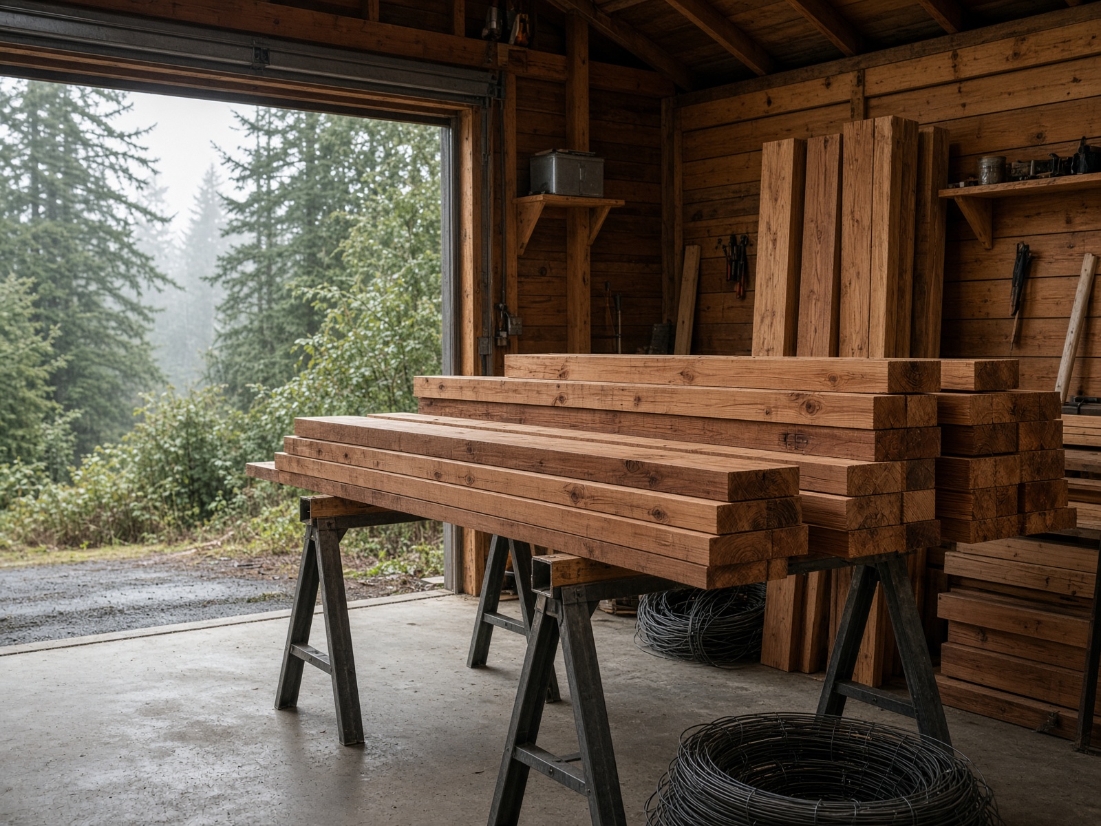 Cedar fence boards staged in the shop